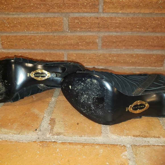 Elie Tahari Black/Gold Woven Suede Peep Toe Mid-Calf Bootie Size 38 1/2 - Picture 6 of 7